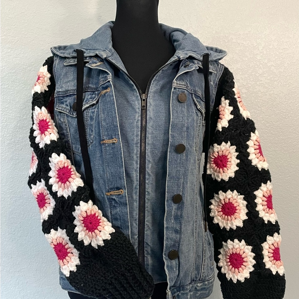 Upcycle Blank NYC Blue Jean Jacket with Black and Pink Crochet Sleeves
